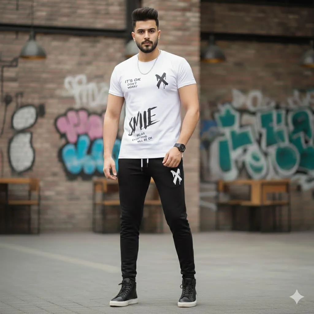 Men Printed Track Suit White Black 2Pcs Set Summer Sale