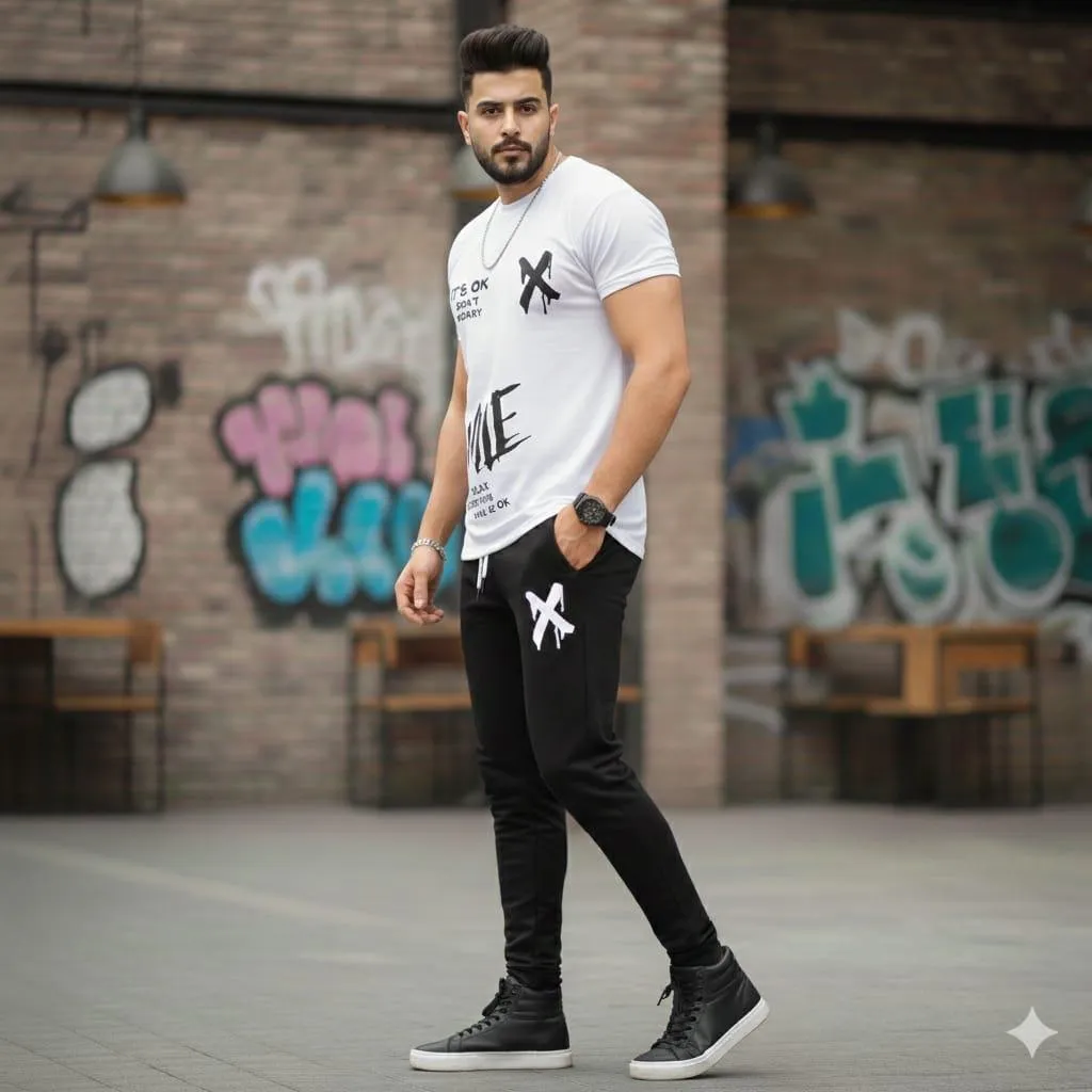 Men Printed Track Suit White Black 2Pcs Set Summer Sale