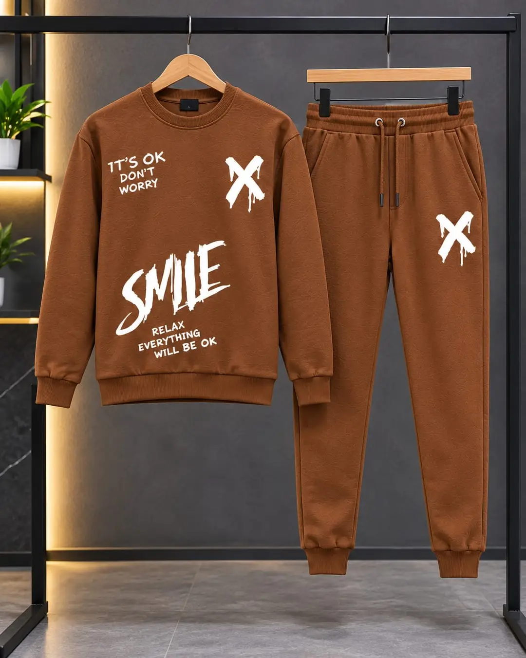 2 Pcs Men's Fleece Printed Sweatshirt Track Suit