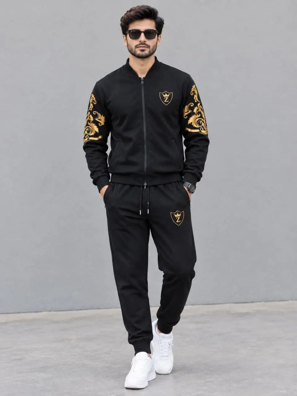 2 Pcs Men's Fleece Printed Zipper Track Suit