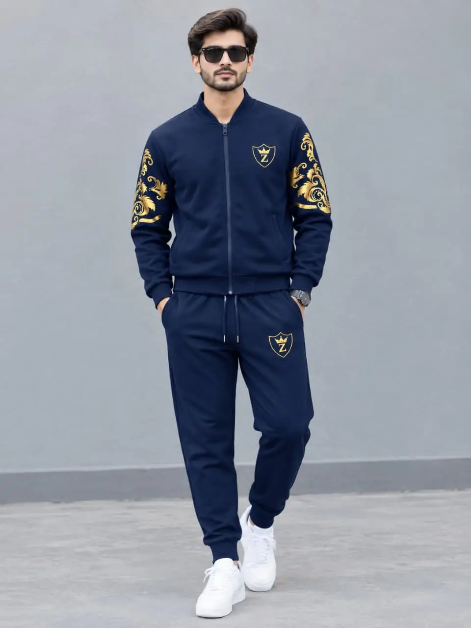 2 Pcs Men's Fleece Printed Zipper Track Suit