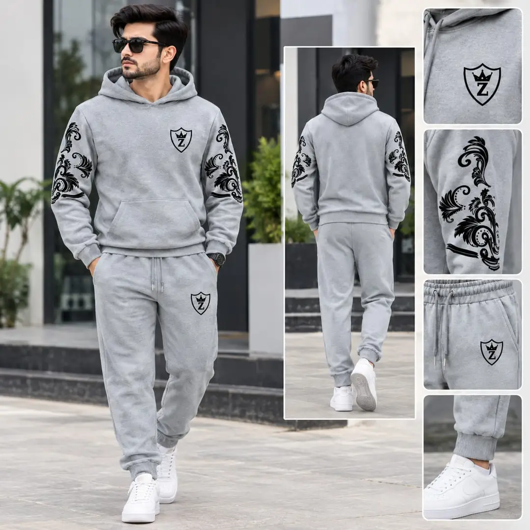 2 Pcs Men's Fleece Printed Hoodie Track Suit