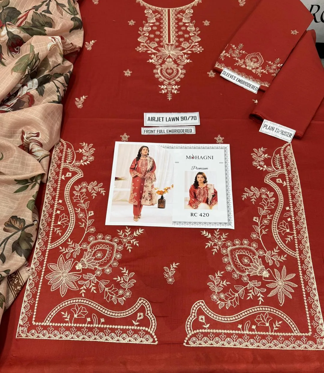 Embroidered Orange Lawn 3-Piece Suit with Printed Dupatta