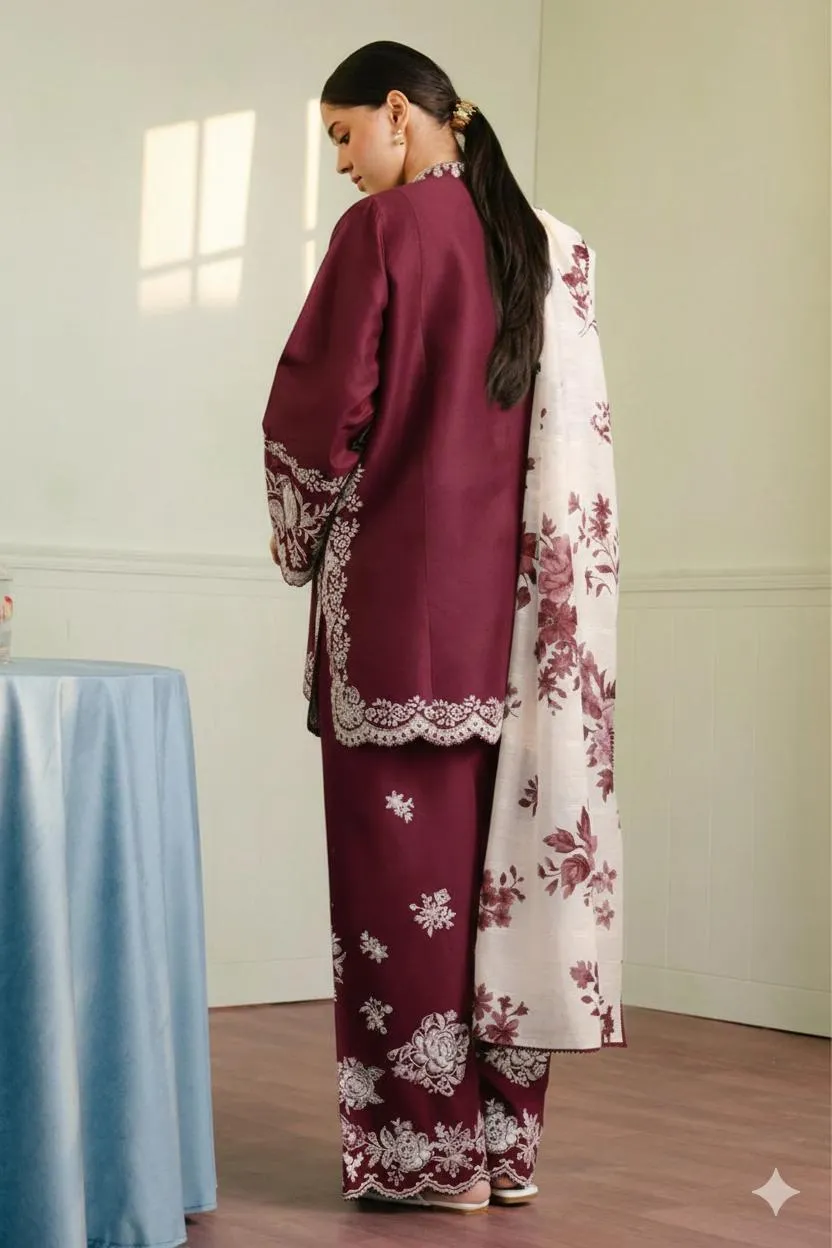 Maroon Embroidered 3-Piece Lawn Suit with Blue Dupatta