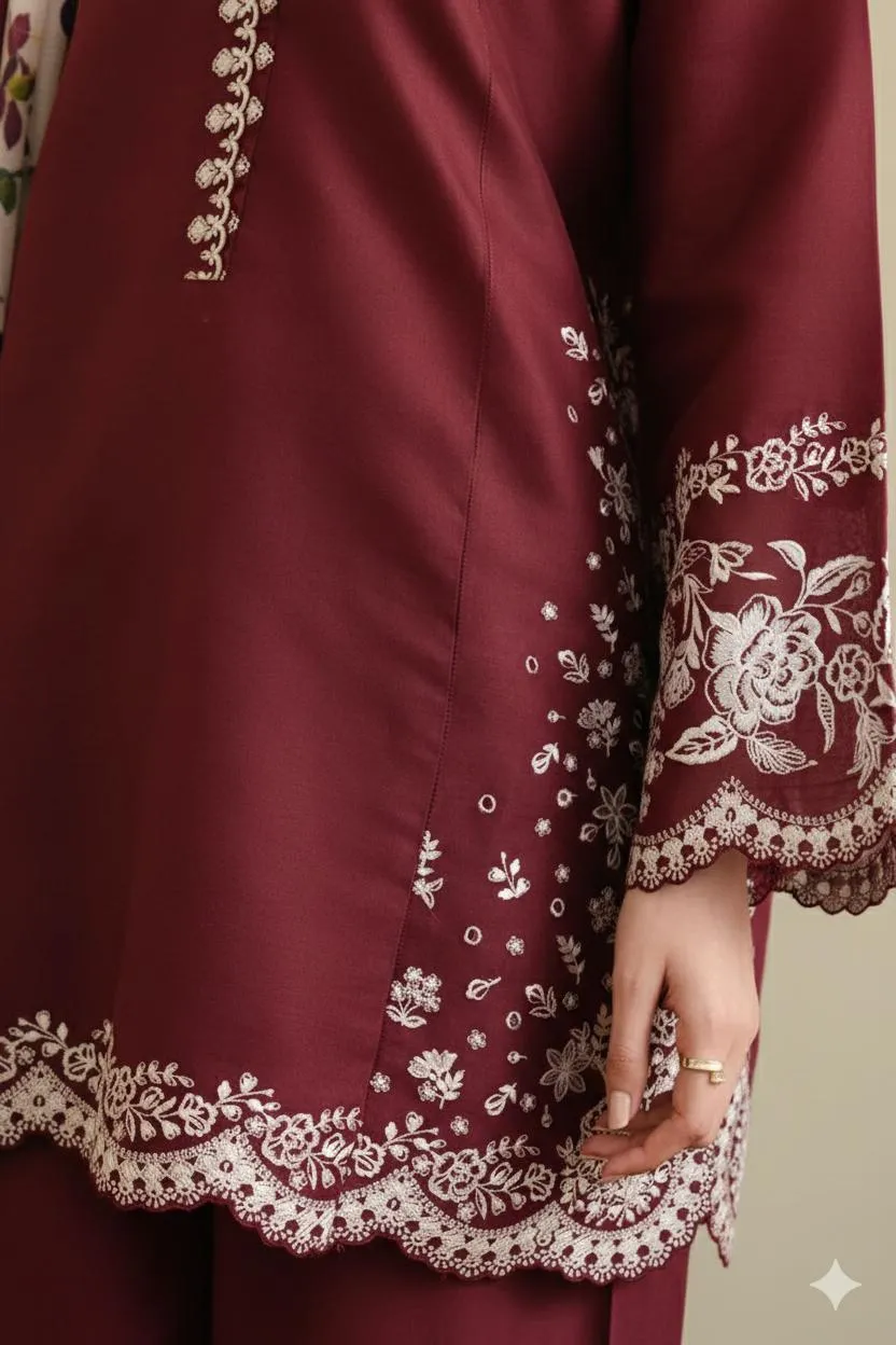 Maroon Embroidered 3-Piece Lawn Suit with Blue Dupatta