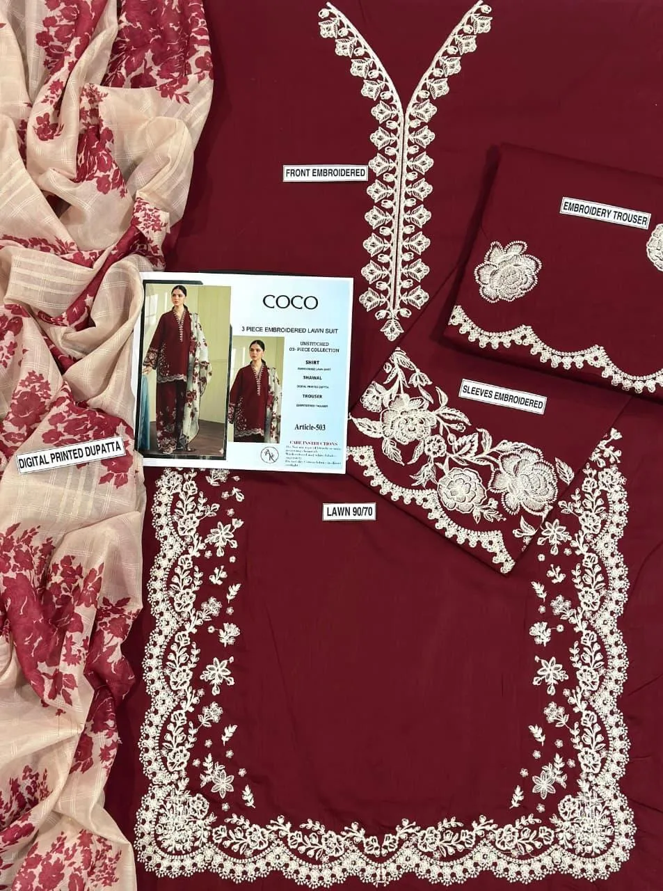 Maroon Embroidered 3-Piece Lawn Suit with Blue Dupatta