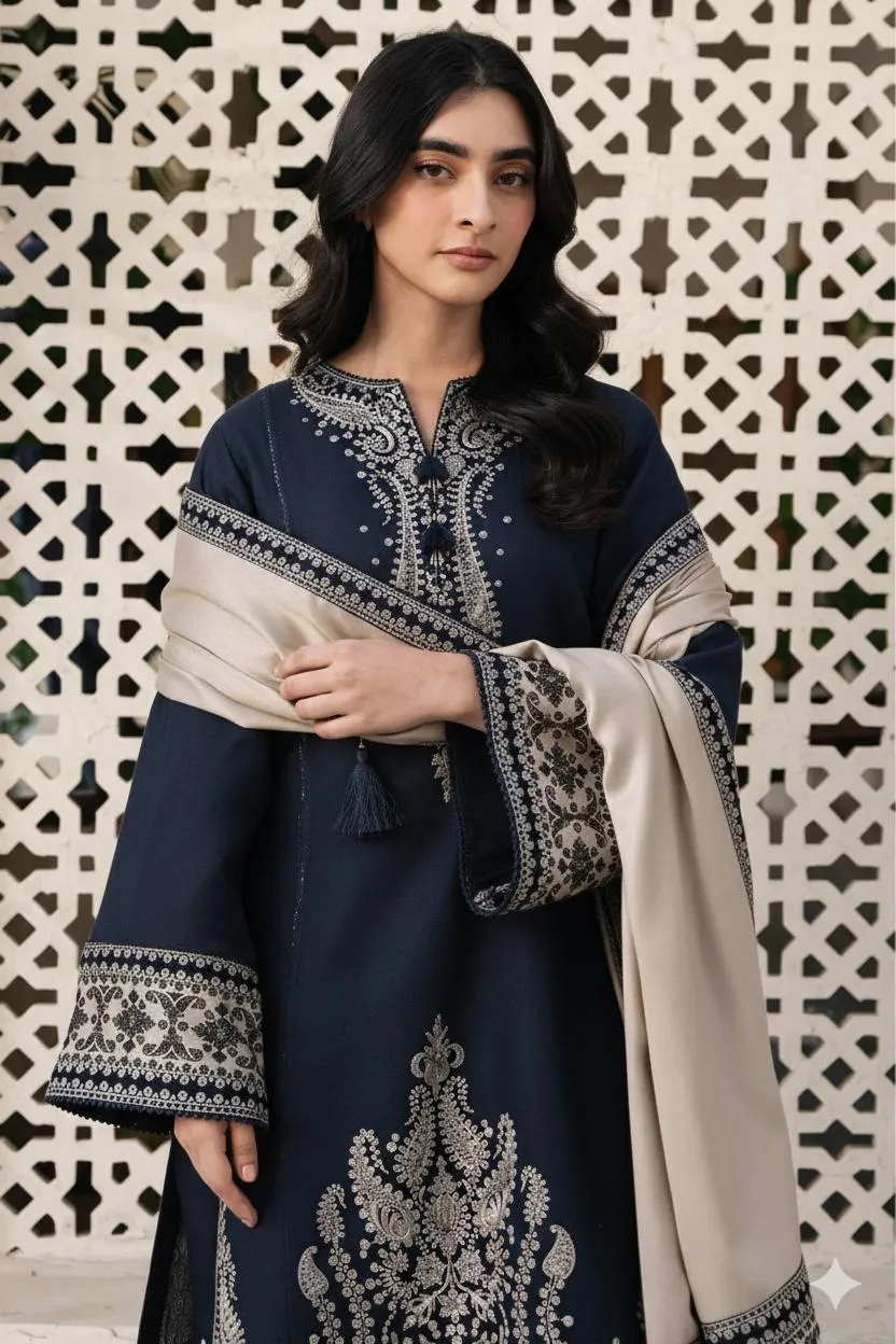 Unstitched 3-Piece Blue Embroidered Lawn Suit for Women