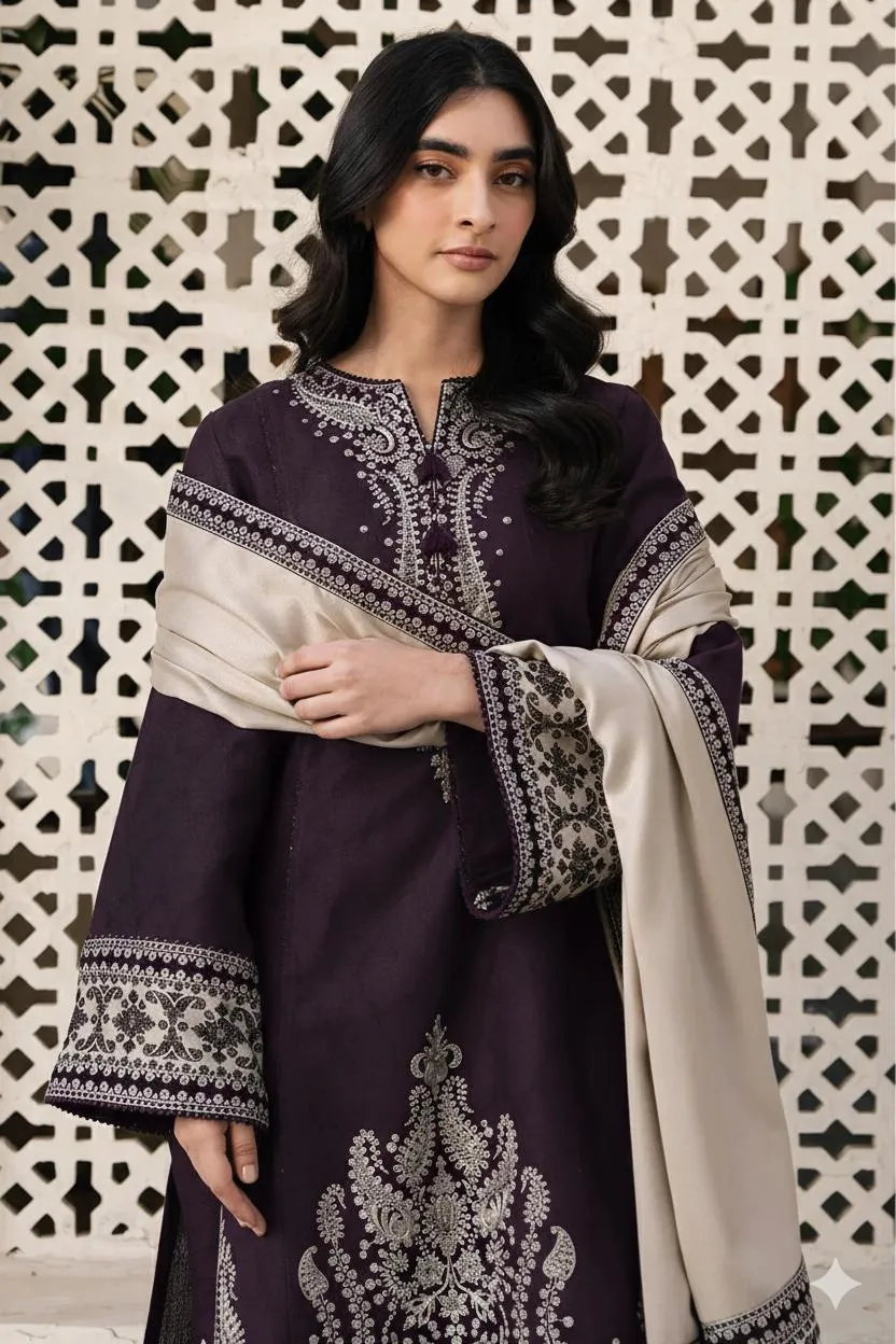 Purple Embroidered 3-Piece Lawn Suit for Women