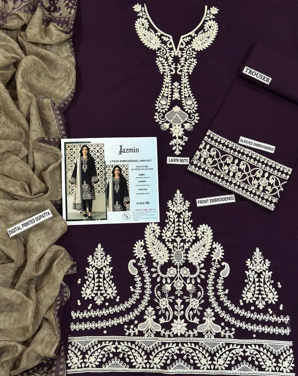 Purple Embroidered 3-Piece Lawn Suit for Women