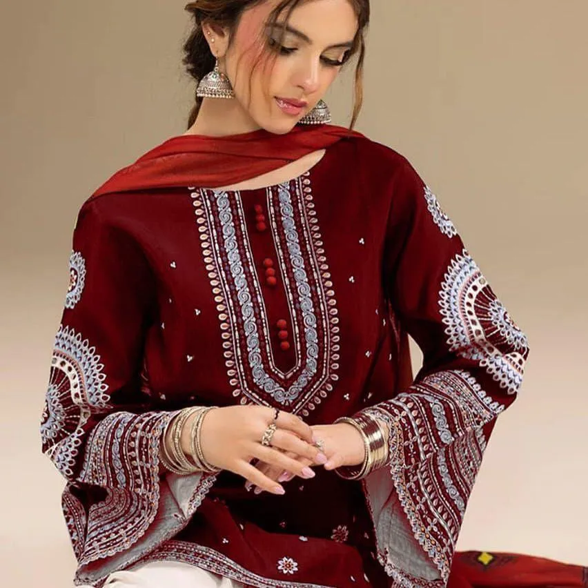 Maroon Embroidered 3-Piece Lawn Suit for Women