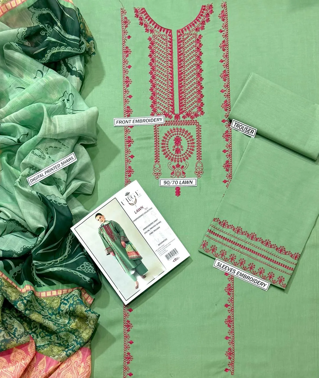 Green Embroidered 3-Piece Lawn Suit for Women