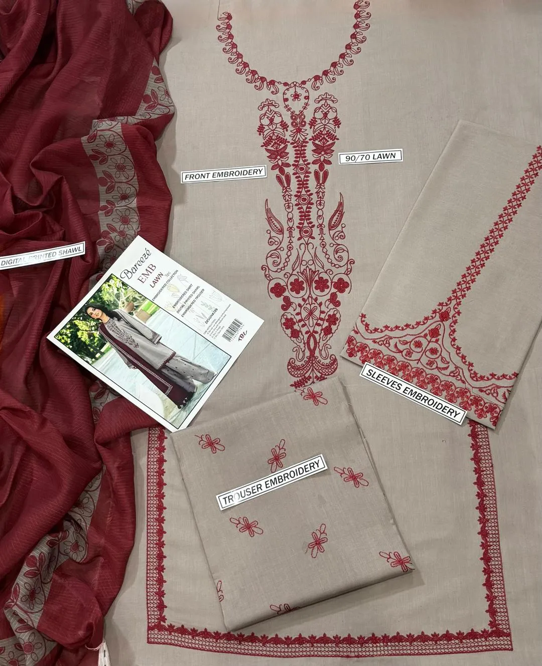 Unstitched 3-Piece Lawn Suit Beige with Embroidery & Dupatta