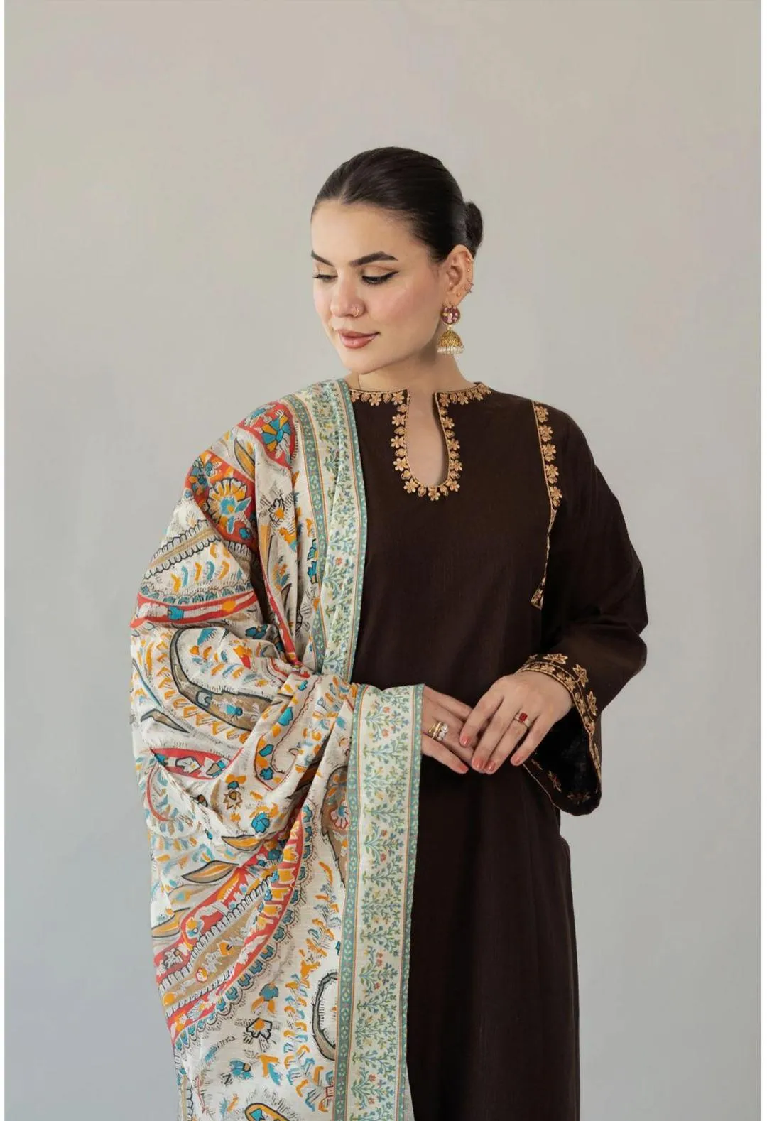 Elegant 3-Piece Brown Lawn Suit with Gold Embroidery & Digital Dupatta