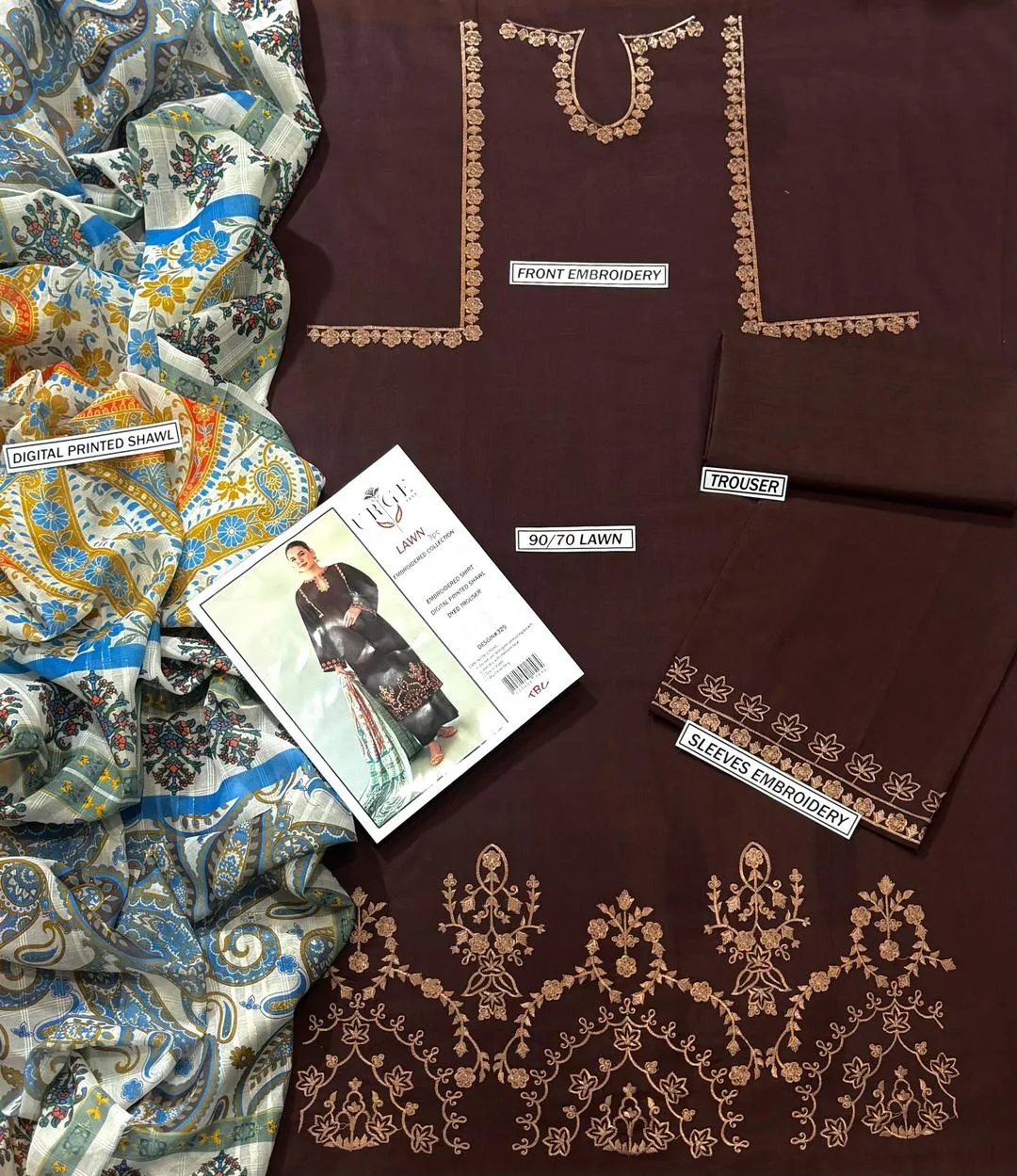 Elegant 3-Piece Brown Lawn Suit with Gold Embroidery & Digital Dupatta