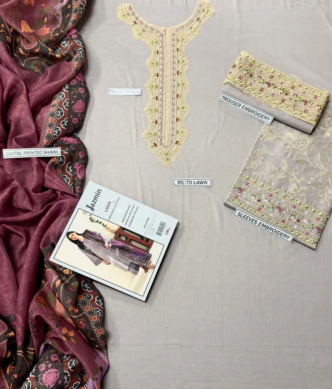 Beige Lawn 3-Piece Suit with Purple Digital Print Dupatta
