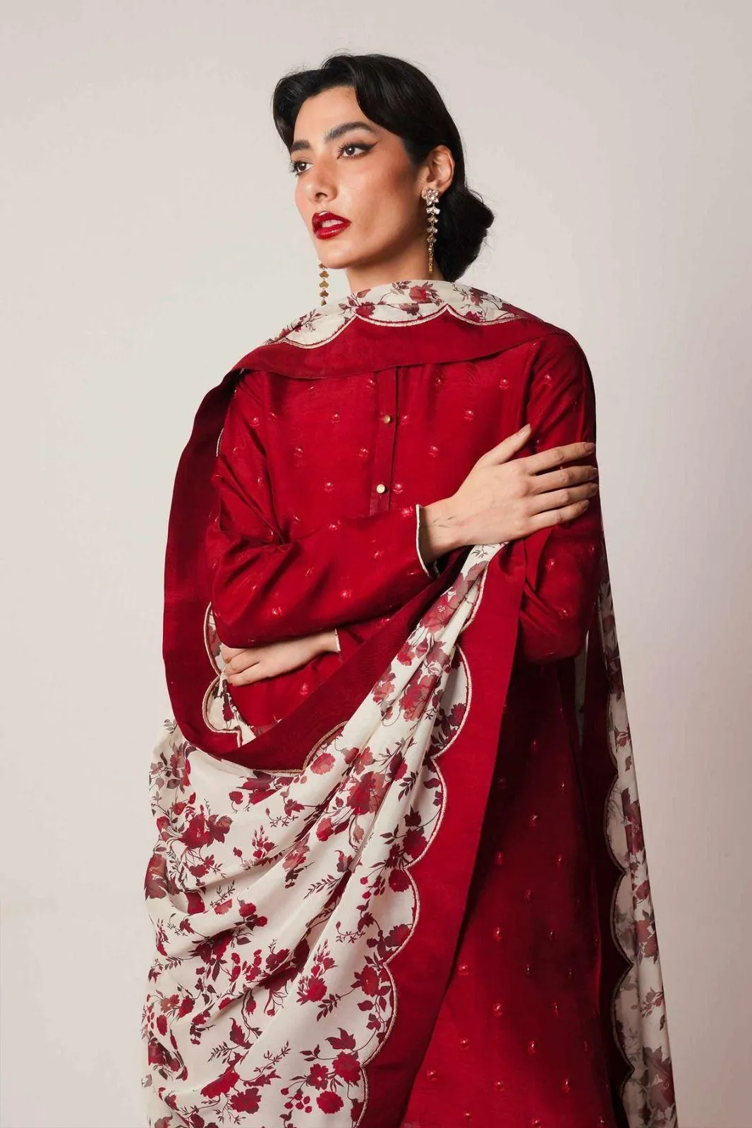 Red Embroidered 3-Piece Lawn Suit for Women