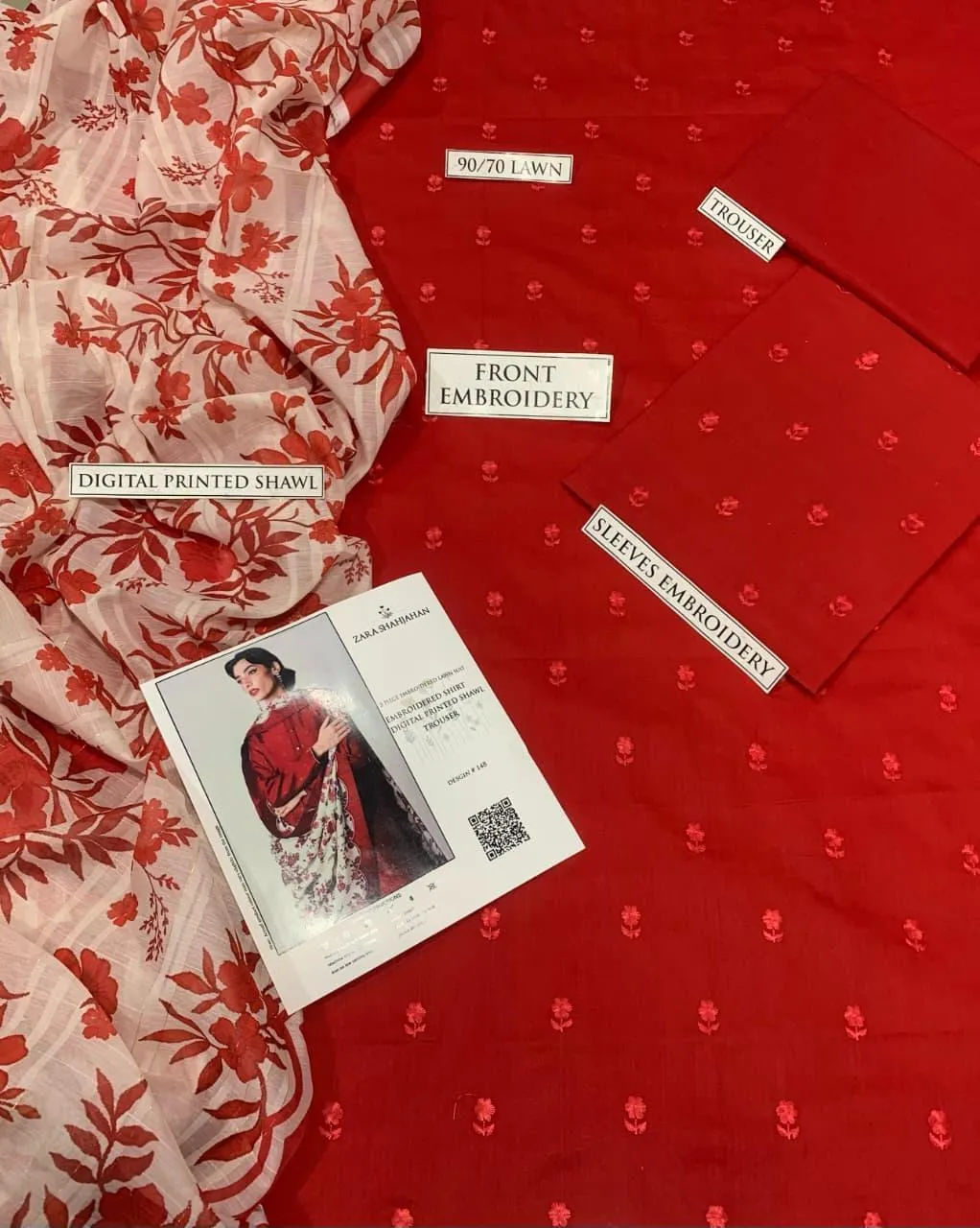 Red Embroidered 3-Piece Lawn Suit for Women