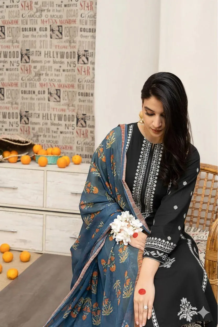 Black Embroidered Lawn 3-Piece Suit with Blue Digital Print Dupatta