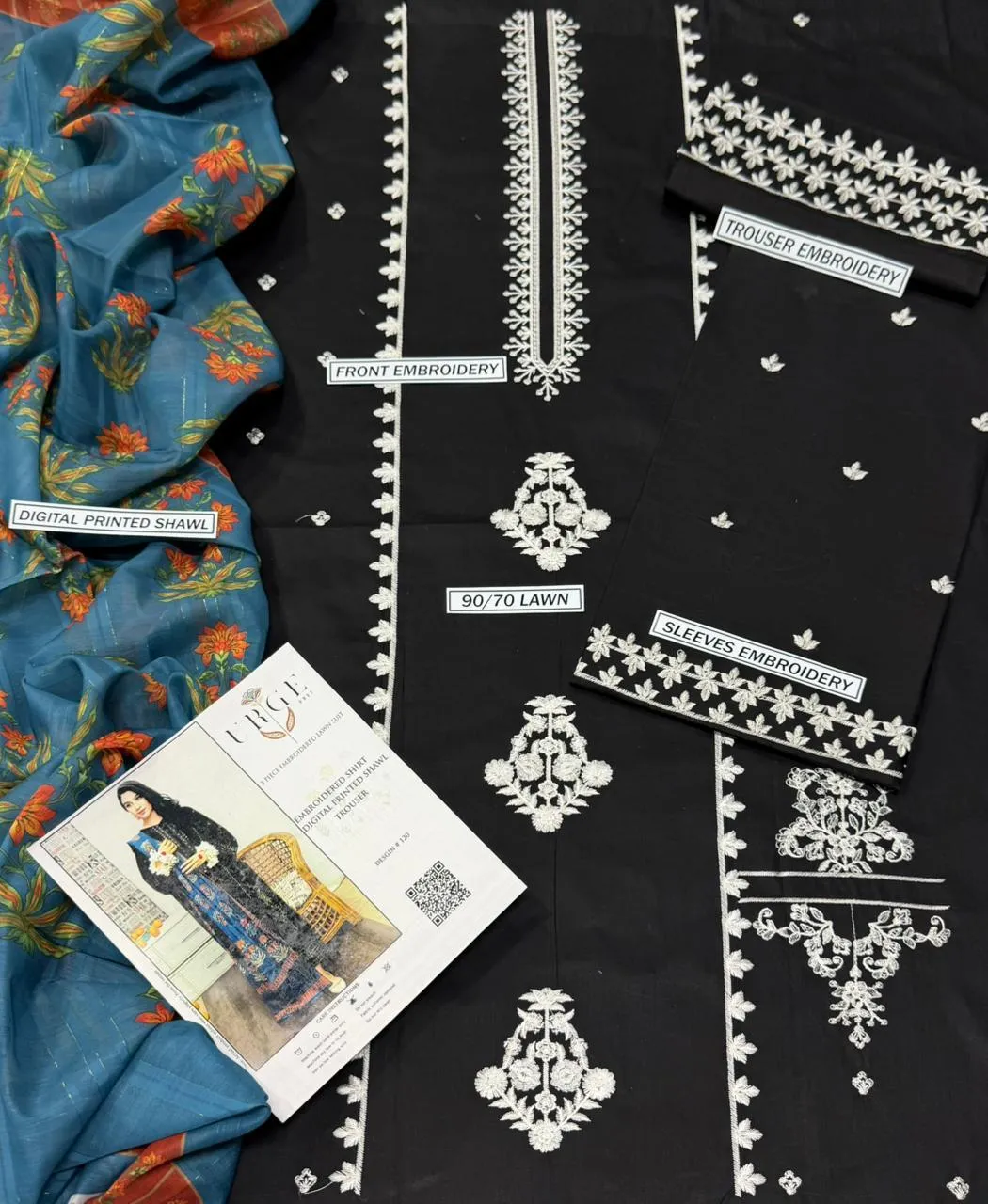 Black Embroidered Lawn 3-Piece Suit with Blue Digital Print Dupatta