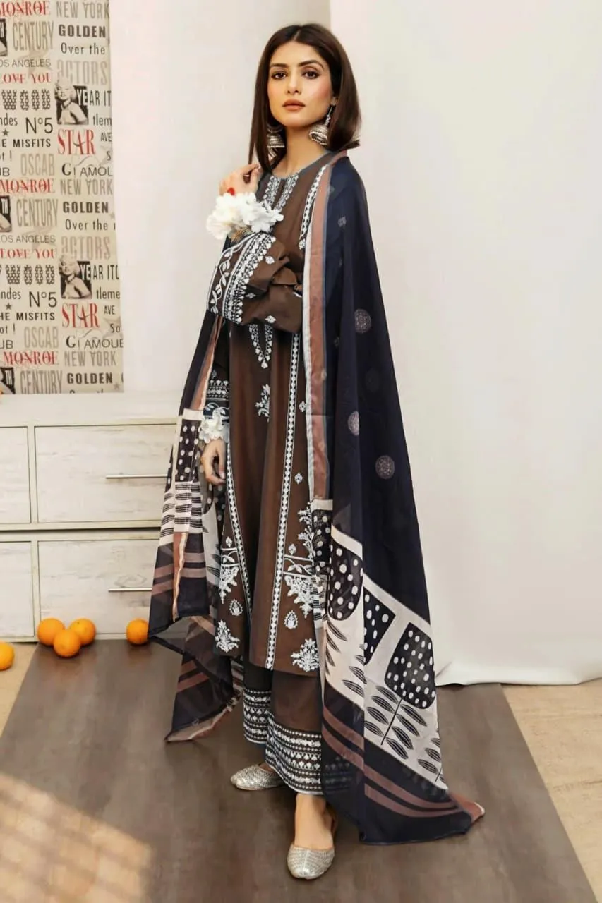 3-Piece Embroidered Lawn Suit Black White Eid Wedding Wear
