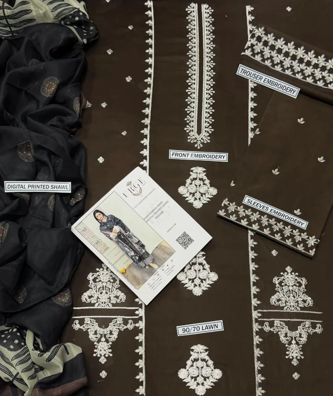 3-Piece Embroidered Lawn Suit Black White Eid Wedding Wear