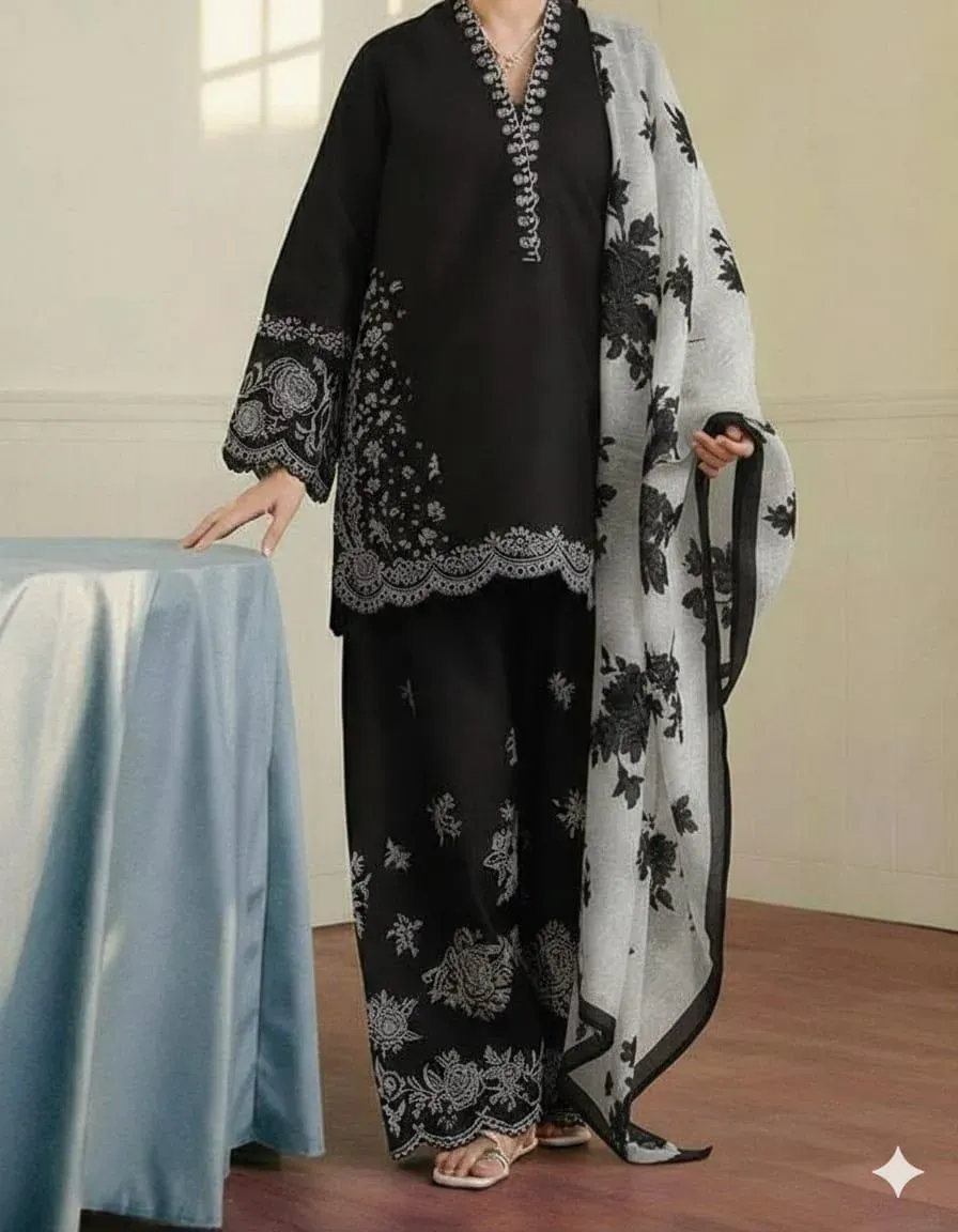 Black Embroidered Lawn 3Pcs Set with Digital Print Dupatta