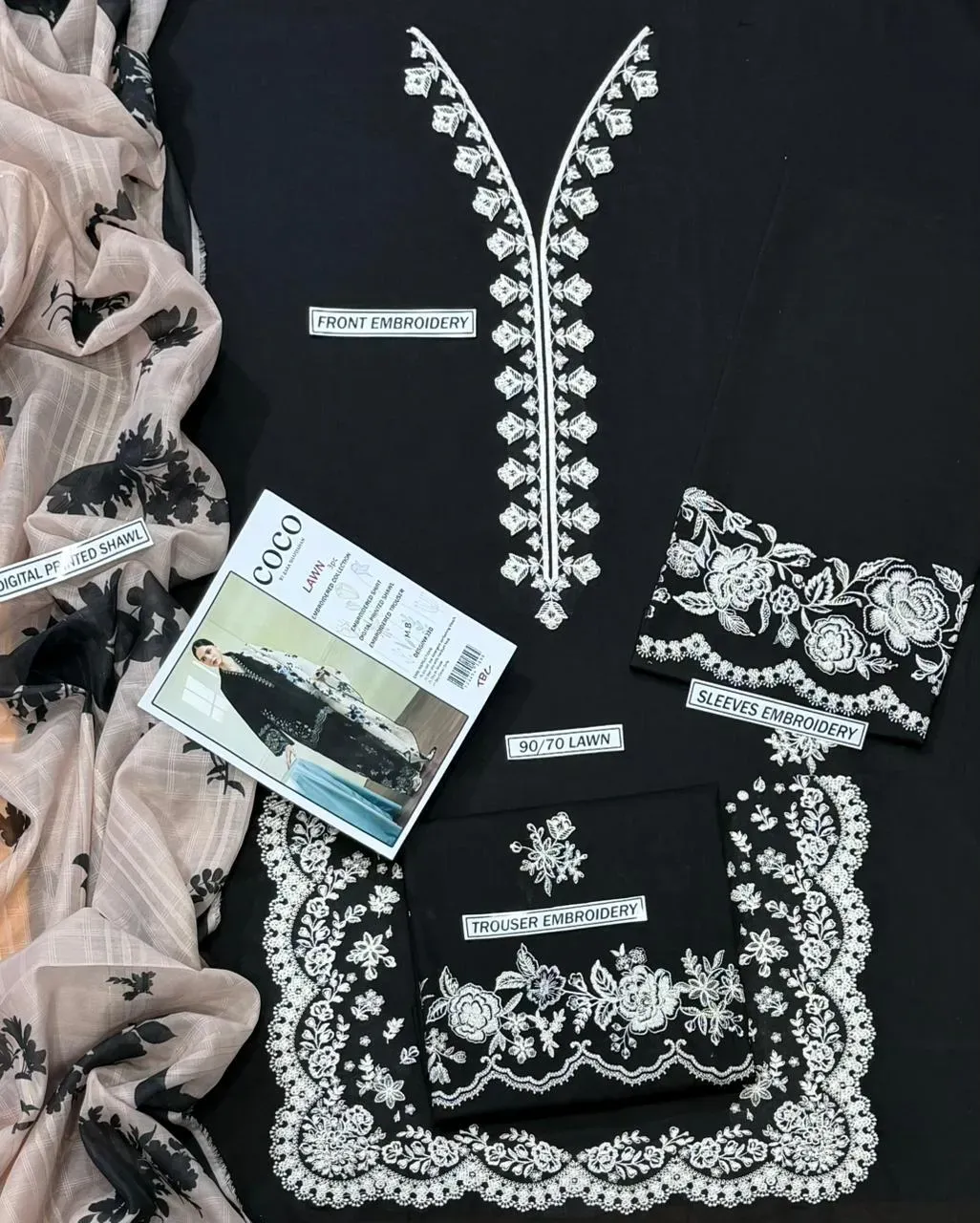 Black Embroidered Lawn 3Pcs Set with Digital Print Dupatta