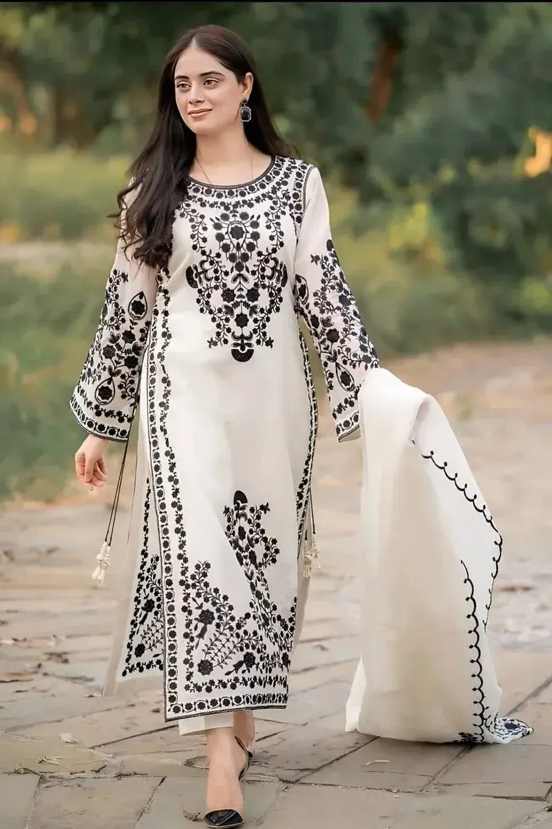 White Embroidered Lawn 3Pcs Set for Women