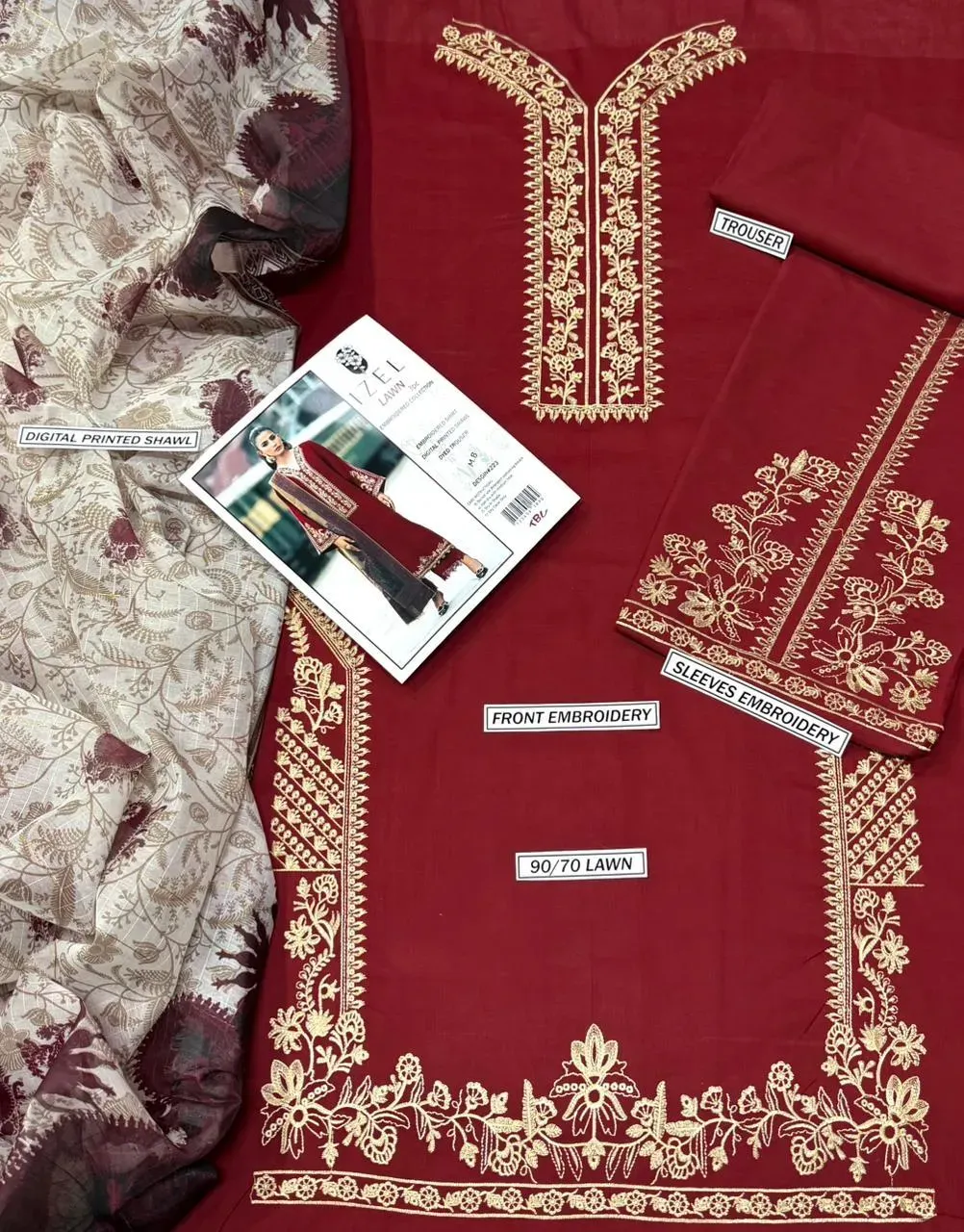 Maroon Embroidered Lawn 3Pcs Set for Women