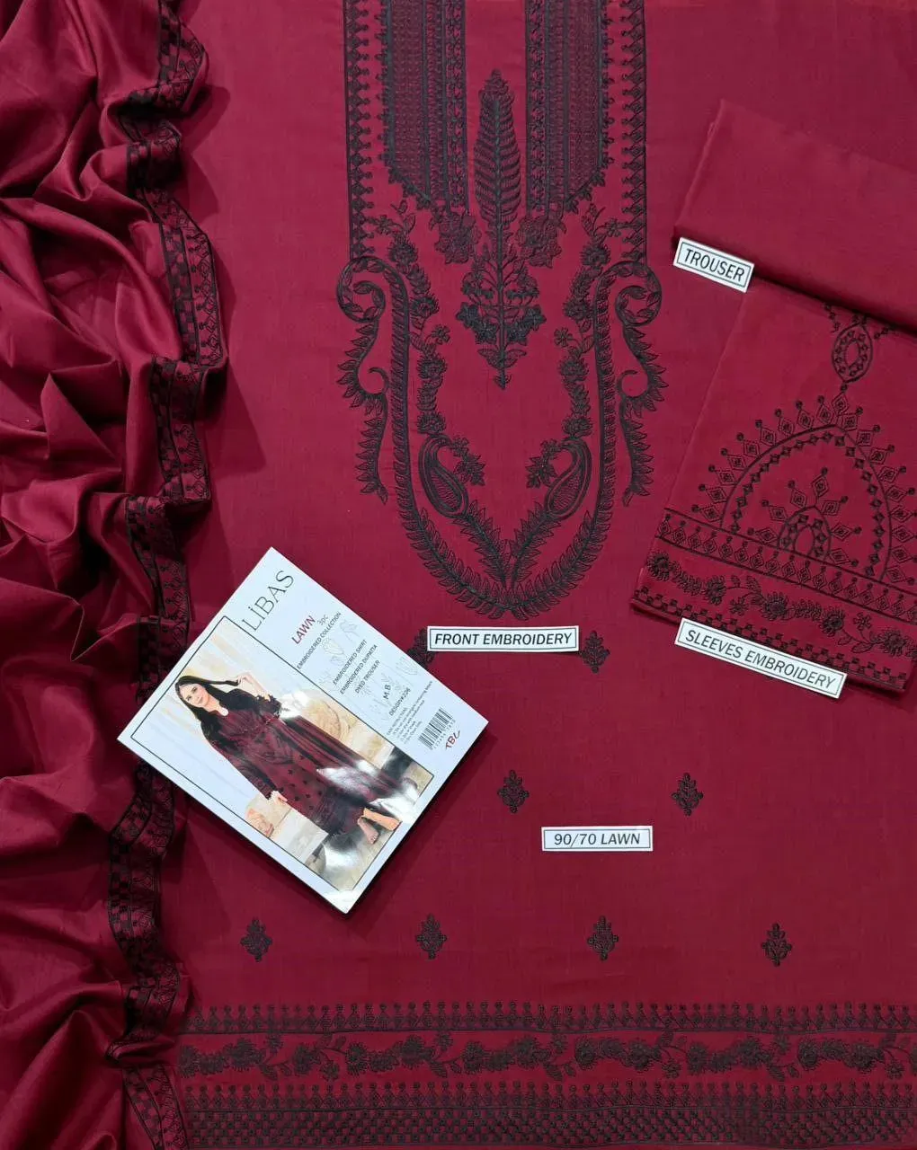 Maroon Embroidered Lawn 3Pcs Set for Women