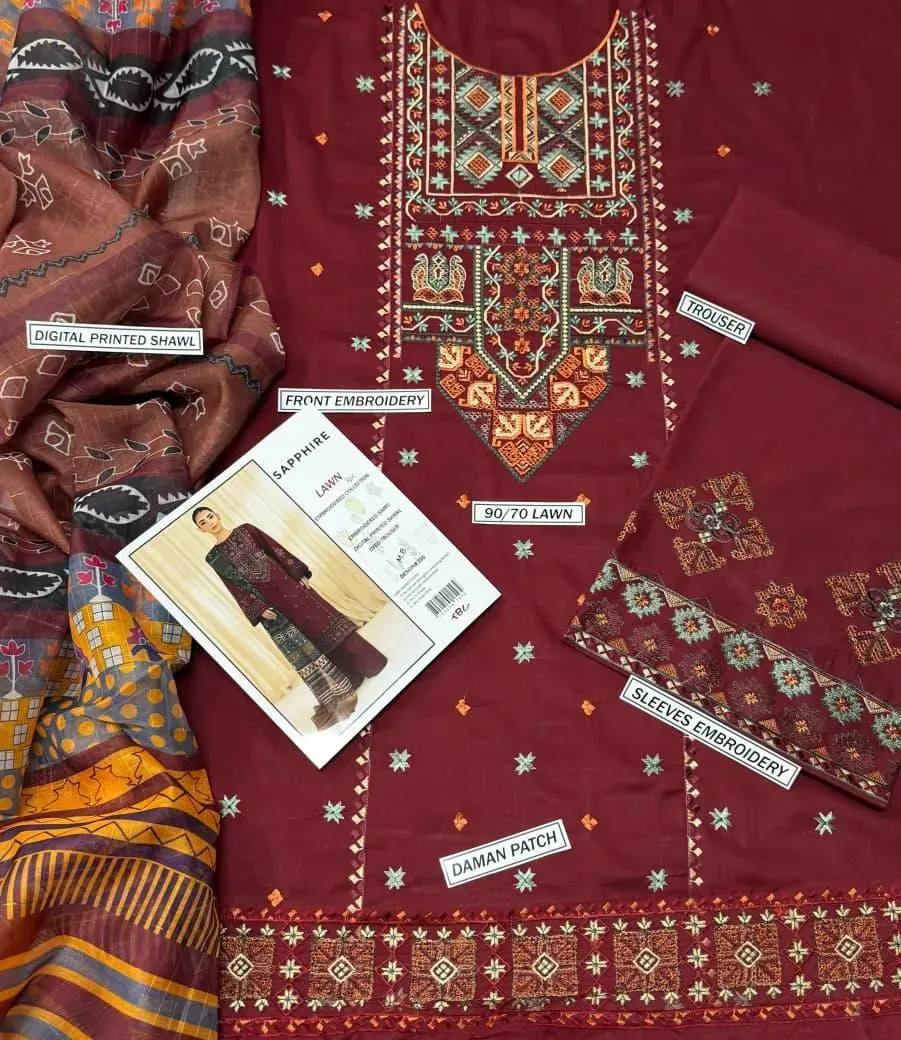 Maroon Embroidered Lawn 3Pcs Set with Dupatta
