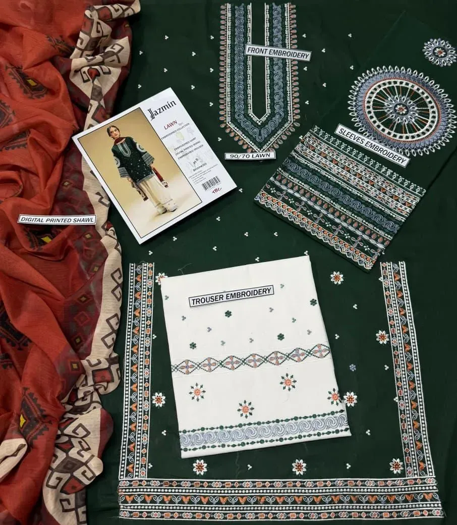 Green Embroidered Lawn 3Pcs Set for Women