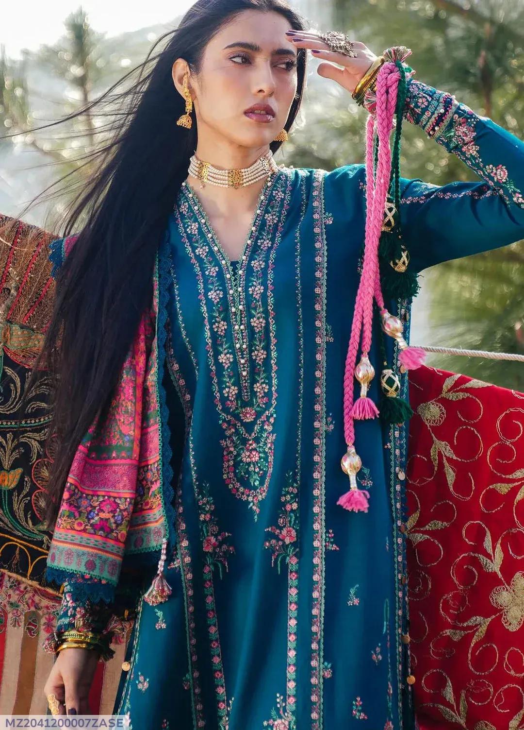 Blue Embroidered 3-Piece Unstitched Suit for Women