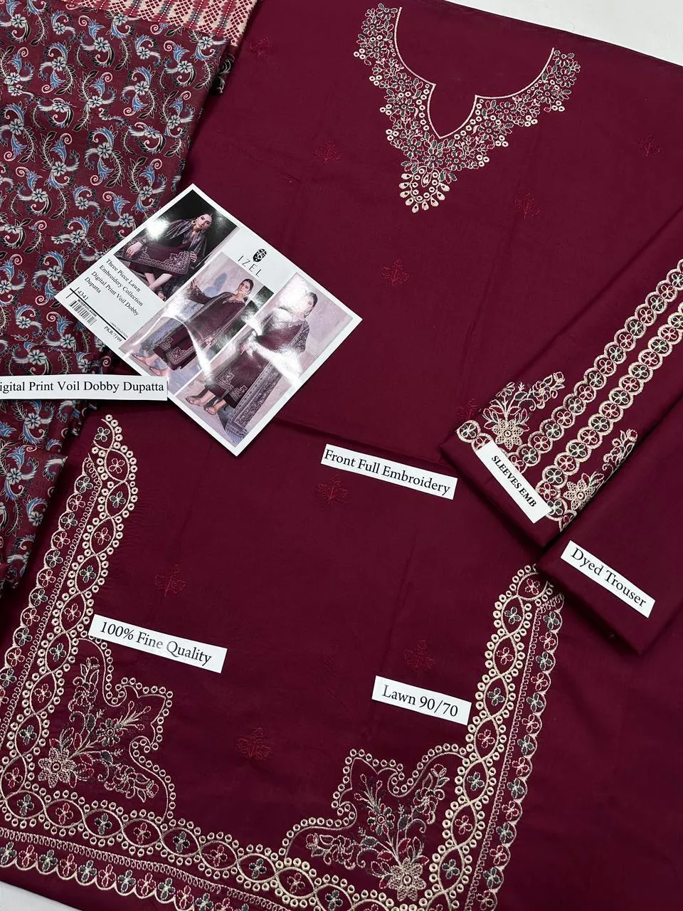 Maroon Embroidered 3-Piece Lawn Suit for Eid & Parties