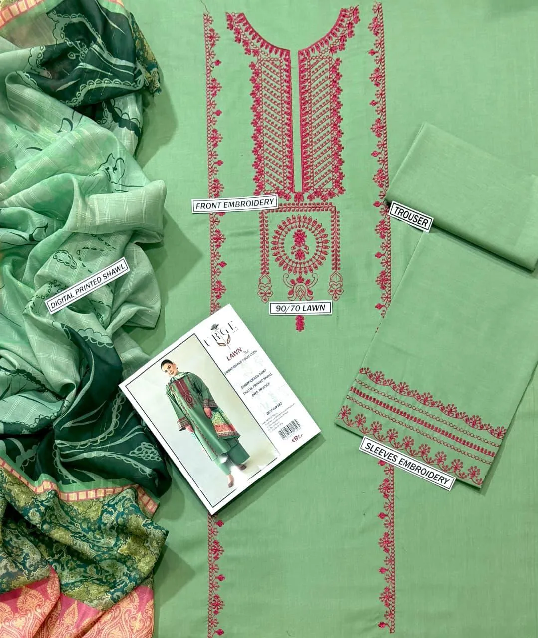 Green Embroidered Lawn 3Pcs Set with Digital Print Dupatta