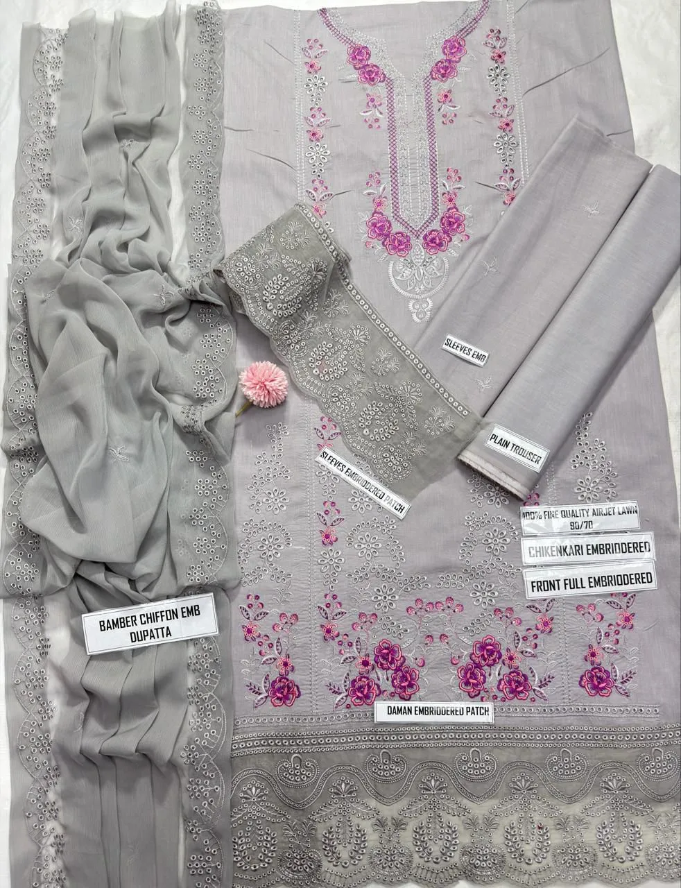 MUSHQ 3 Pcs Unstitched Chikankari Embroidered Suit