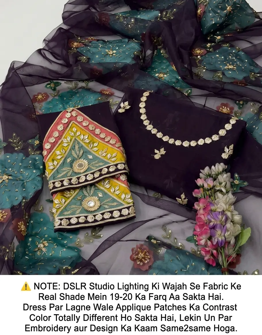 Womens Unstitched Organza Embroidered 2 Piece Suit Plum / Dark Purple (Jamuni) with Handmade LCD Gota Work Customized
