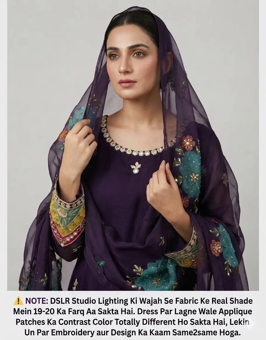 Womens Unstitched Organza Embroidered 2 Piece Suit Plum / Dark Purple (Jamuni) with Handmade LCD Gota Work Customized