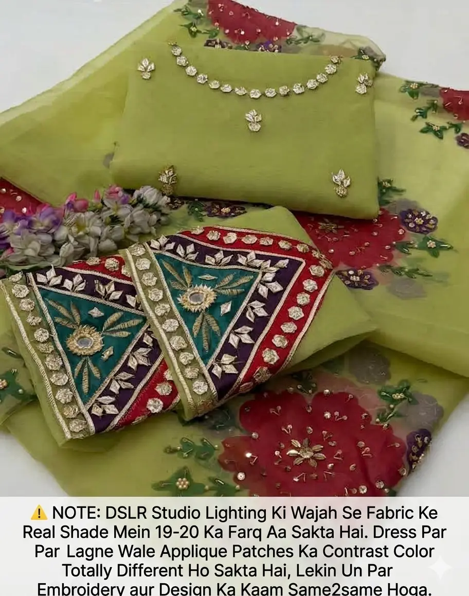 Womens Unstitched Organza Embroidered 2 Piece Suit Pistachio Green / Light Olive Green (Pista) with Handmade LCD Gota Work Customized