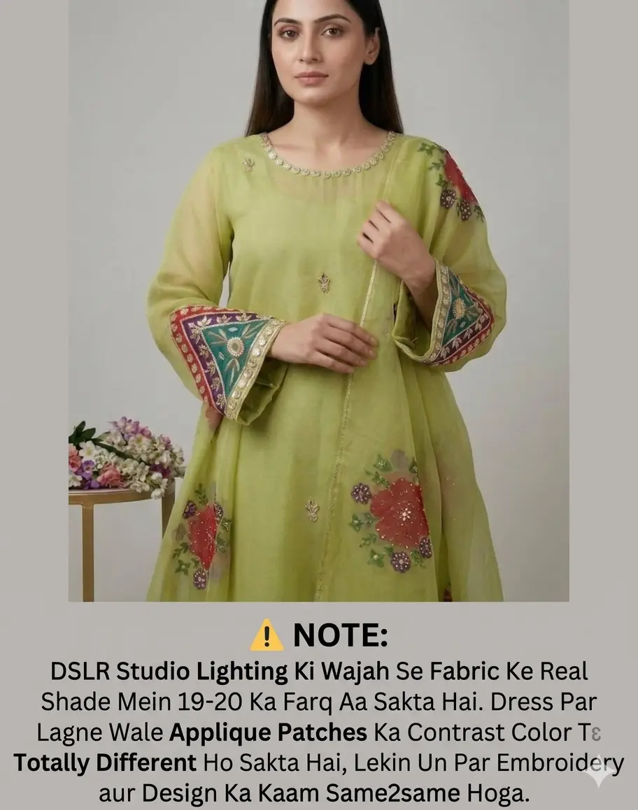 Womens Unstitched Organza Embroidered 2 Piece Suit Pistachio Green / Light Olive Green (Pista) with Handmade LCD Gota Work Customized