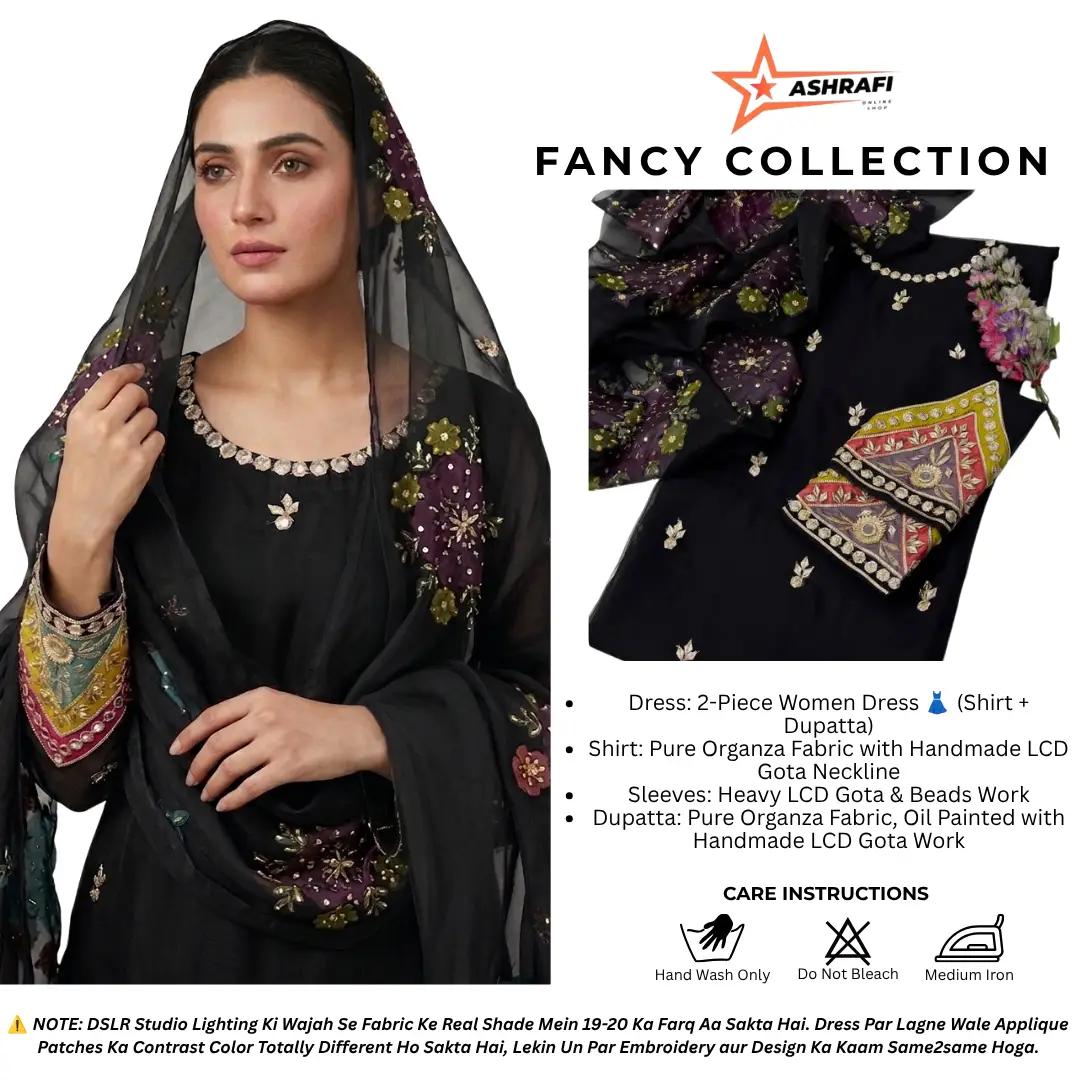 Womens Unstitched Organza Embroidered 2 Piece Suit Black with Handmade LCD Gota Work Customized