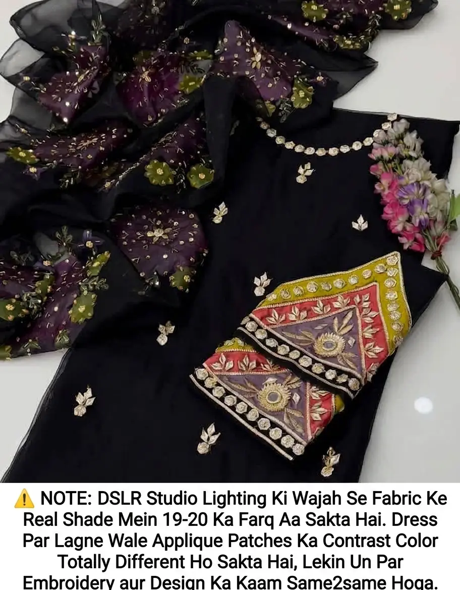 Womens Unstitched Organza Embroidered 2 Piece Suit Black with Handmade LCD Gota Work Customized