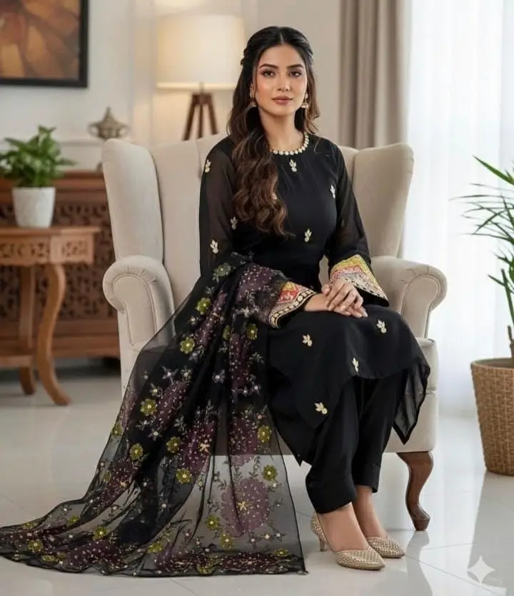 Womens Unstitched Organza Embroidered 2 Piece Suit Black with Handmade LCD Gota Work Customized