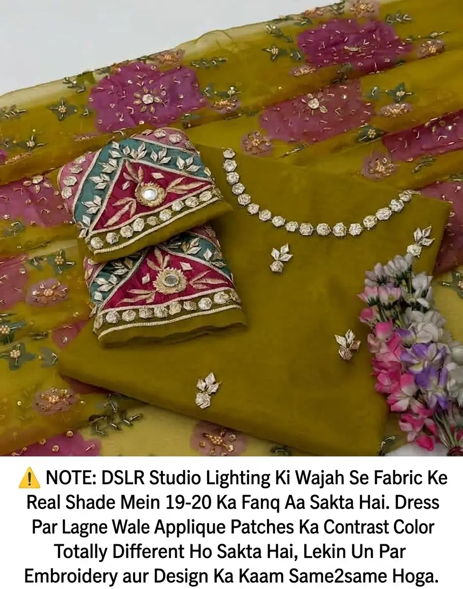 Womens Unstitched Organza Embroidered 2 Piece Suit Mehndi Green / Olive Green with Handmade LCD Gota Work Customized