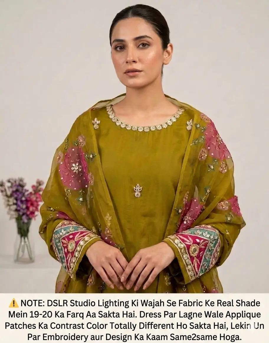 Womens Unstitched Organza Embroidered 2 Piece Suit Mehndi Green / Olive Green with Handmade LCD Gota Work Customized