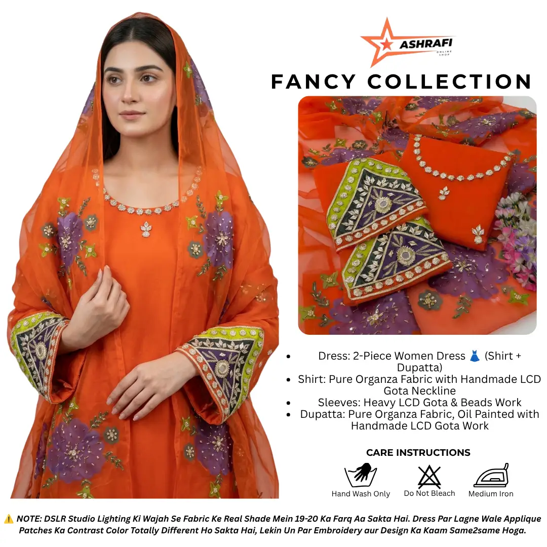 Womens Unstitched Organza Embroidered 2 Piece Suit Orange with Handmade LCD Gota Work Customized