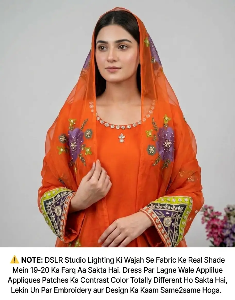 Womens Unstitched Organza Embroidered 2 Piece Suit Orange with Handmade LCD Gota Work Customized