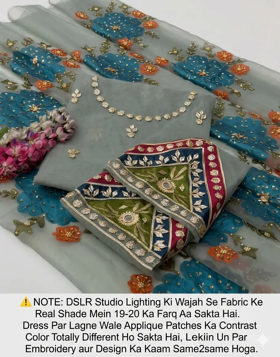 Womens Unstitched Organza Embroidered 2 Piece Suit Grey (Sleeti / Silver Grey) with Handmade LCD Gota Work Customized