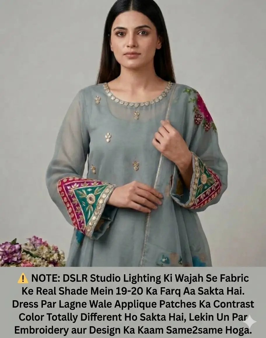 Womens Unstitched Organza Embroidered 2 Piece Suit Grey (Sleeti / Silver Grey) with Handmade LCD Gota Work Customized