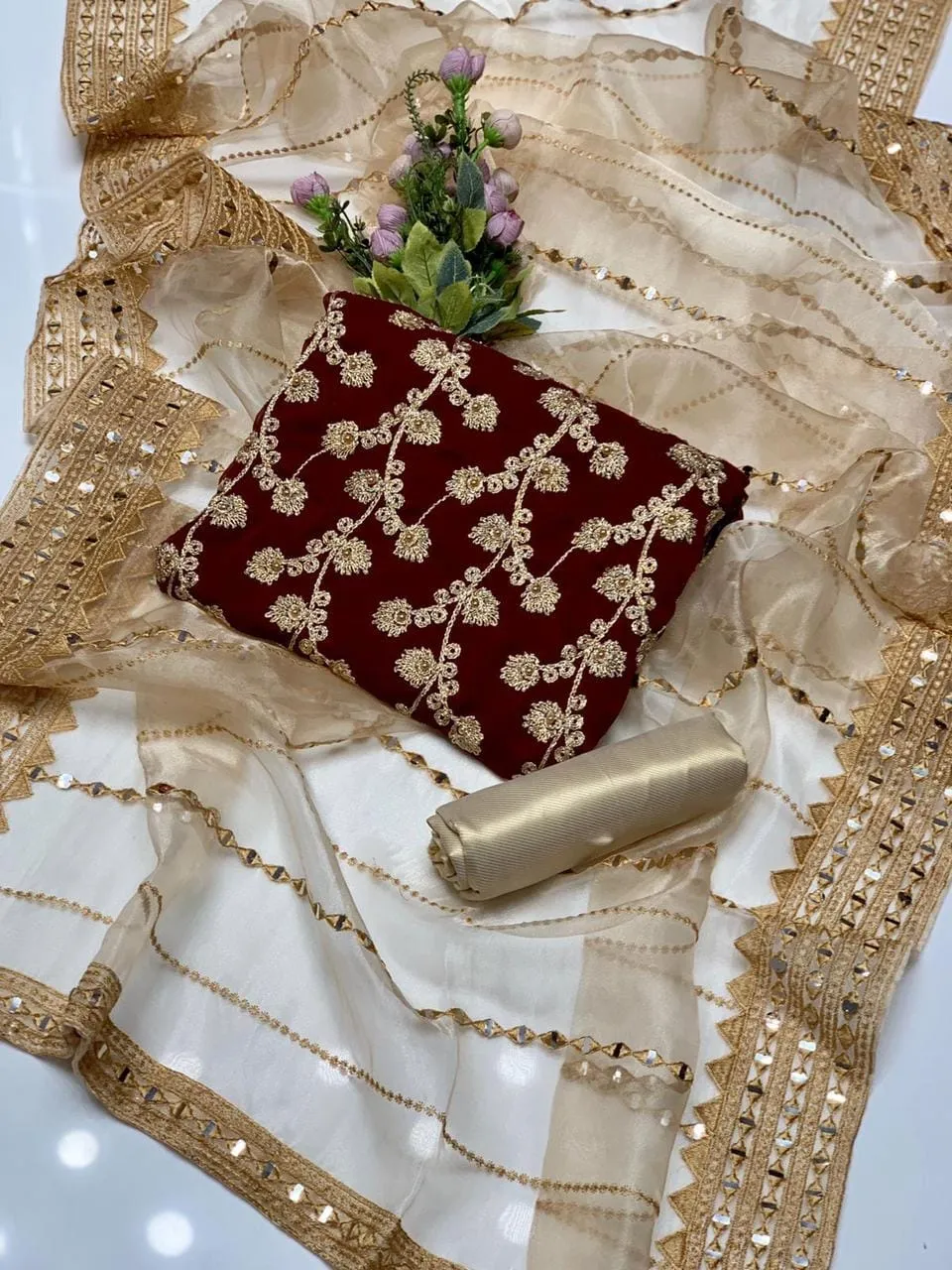 Fancy 3Pc Unstitched Suit with Embroidery & Dupatta